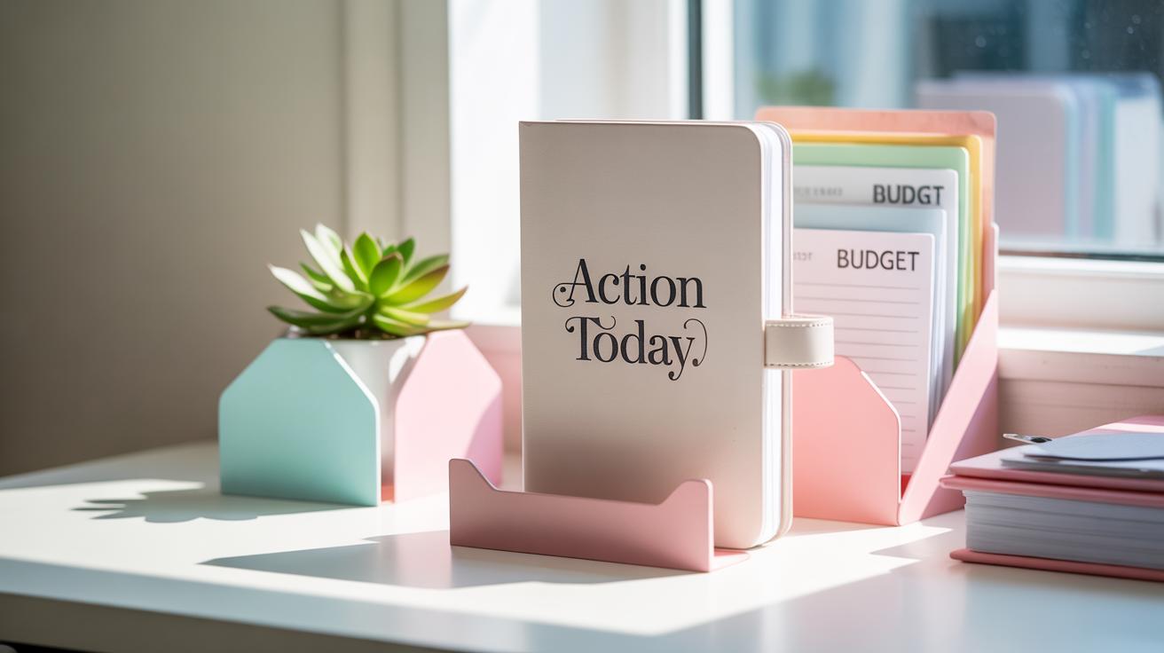 A pink notebook with “Action Today” on the cover is on a white desk, beside a succulent plant and pastel-colored file organizers holding budget planning sheets, near a sunlit window.