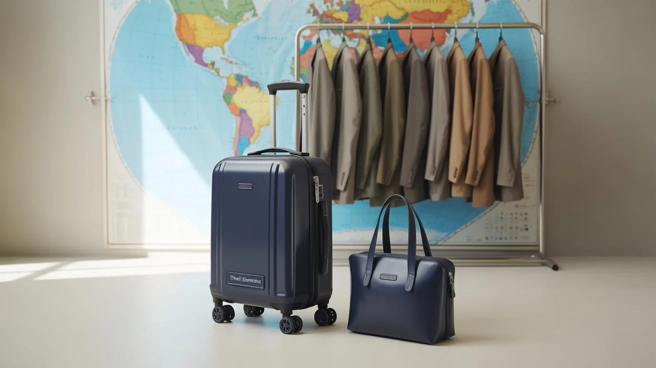 A navy blue suitcase and matching handbag are placed in front of a world map. Behind them, a clothing rack displays several neutral-colored blazers.