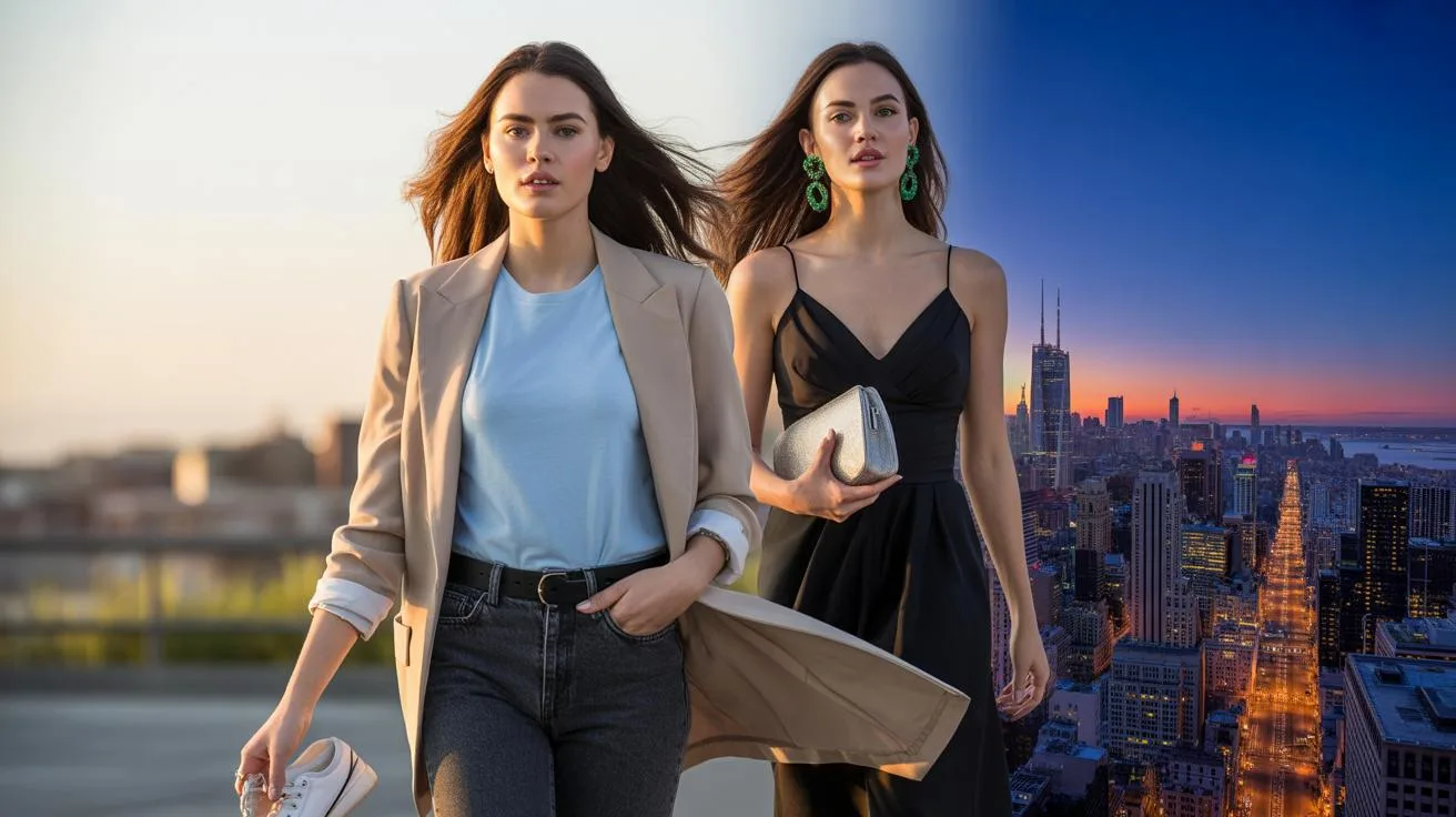 Two women who look alike are shown side by side; one is dressed casually in jeans, a t-shirt, and a blazer outdoors during the day, while the other wears an elegant black dress at night in a city skyline setting.