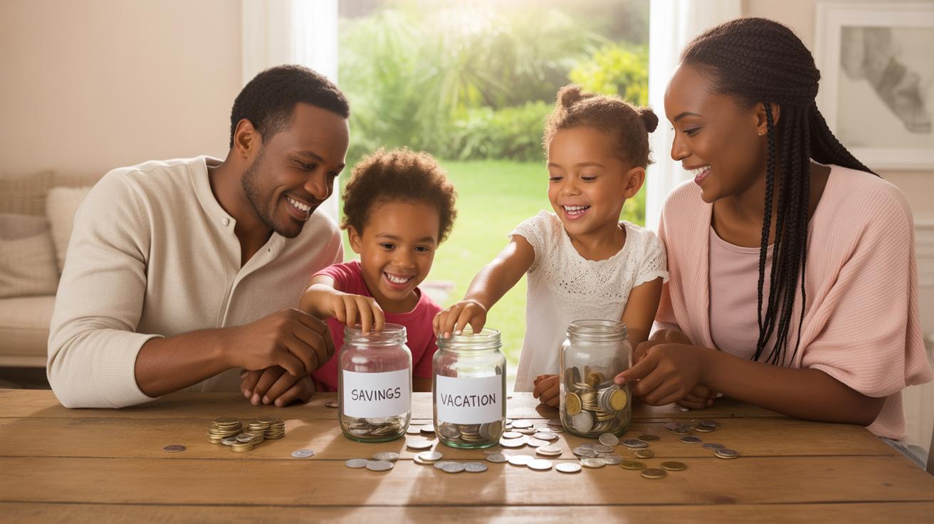 A smiling family of four sits at a table, placing coins into glass jars labeled “Savings” and “Vacation.” The parents and two young children appear happy and engaged, with coins spread on the table. Sunlight streams in from behind.