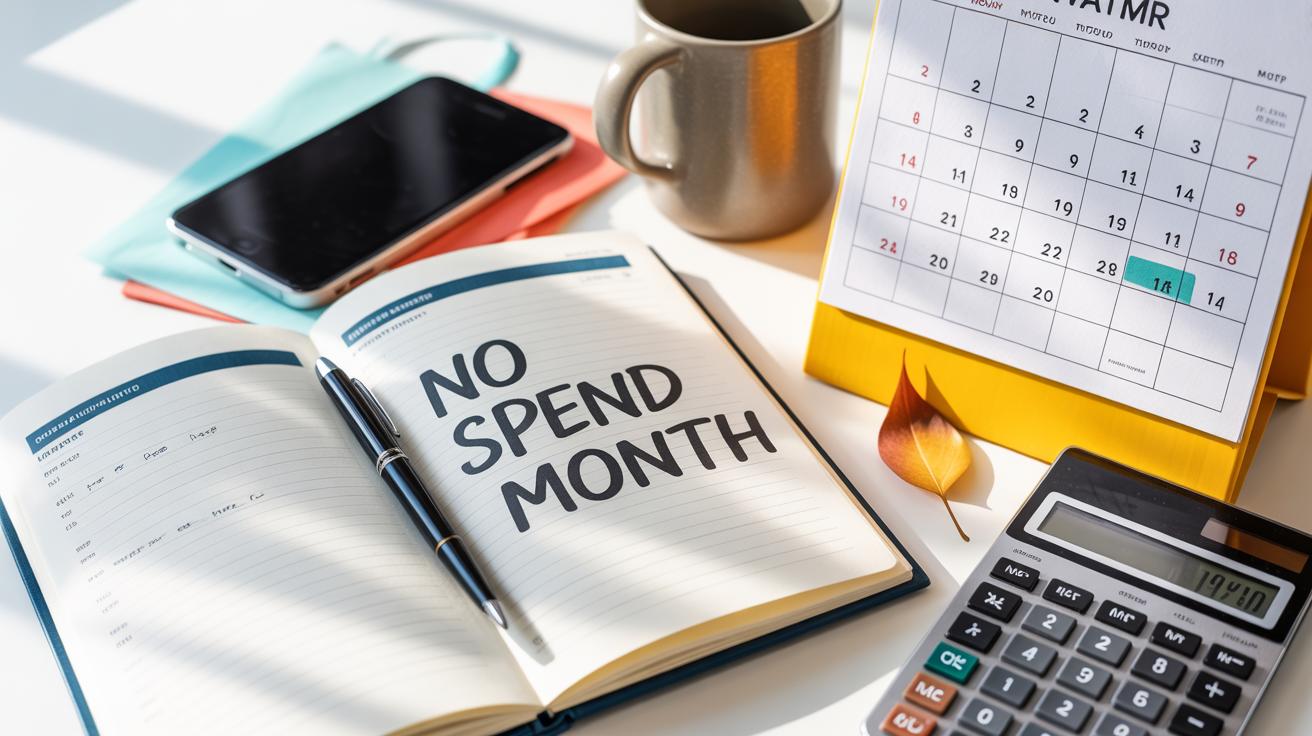 An open planner with “NO SPEND MONTH” written on it sits on a desk with a calendar, smartphone, calculator, mug, folders, pen, and a fallen leaf nearby, all in bright natural light.