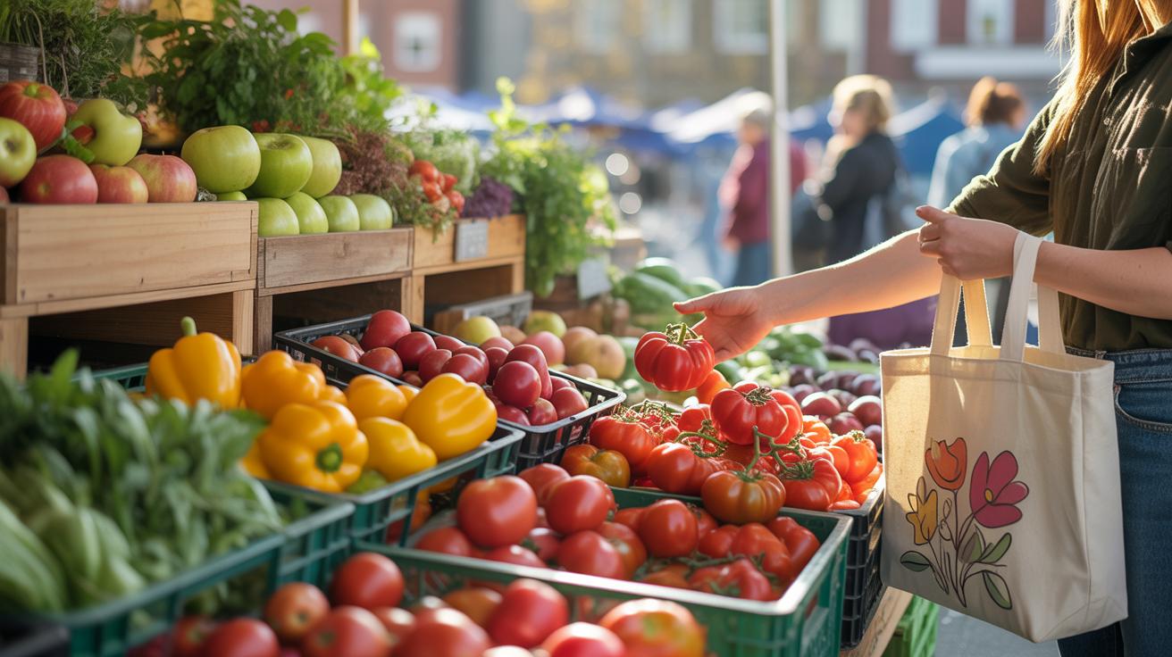 A person holding a tote bag with a floral design selects fresh tomatoes at an outdoor market stand filled with colorful vegetables and fruits, including peppers, apples, and greens. Other shoppers are visible in the background.