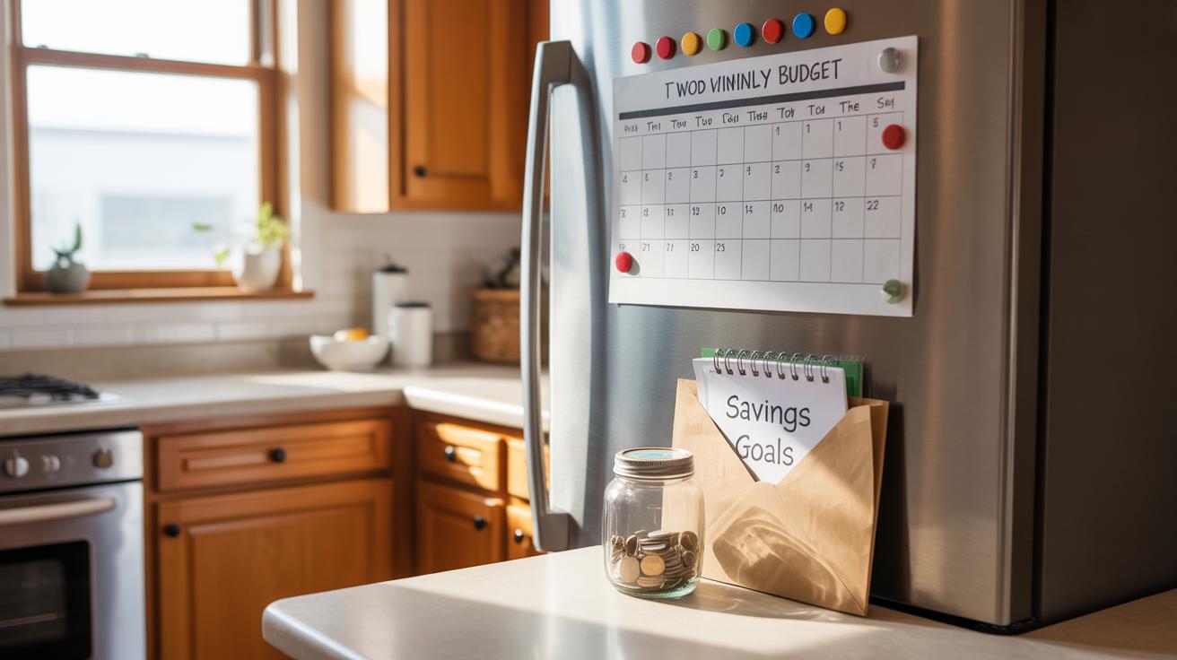 A kitchen with a refrigerator displaying a budget calendar, a folder labeled Savings Goals, and a jar of coins on the counter, with sunlight coming through a window in the background.