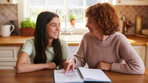 A woman and a girl sit at a kitchen table, smiling at each other. The woman points to a planner or notebook while the girl listens. Sunlight fills the cozy kitchen in the background.