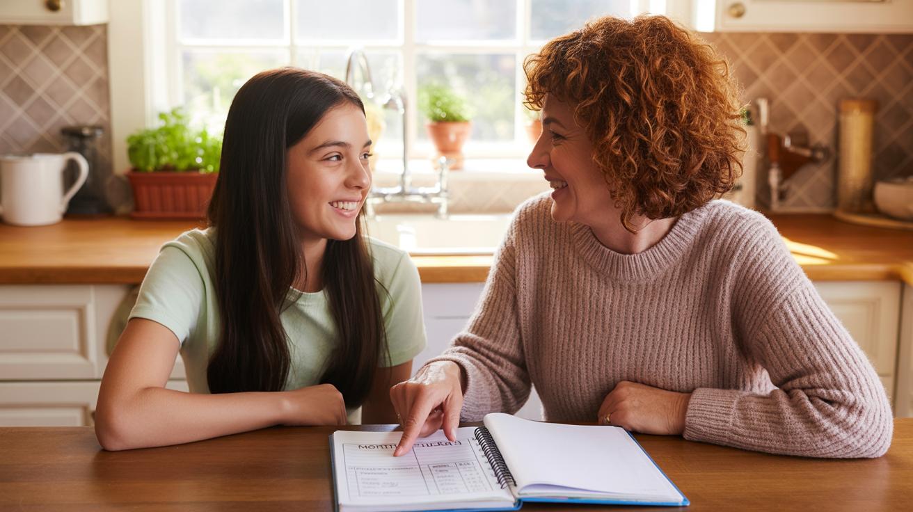 A woman and a girl sit at a kitchen table, smiling at each other. The woman points to a planner or notebook while the girl listens. Sunlight fills the cozy kitchen in the background.