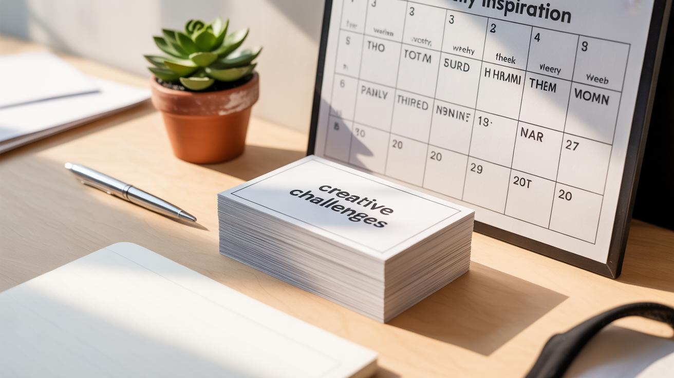 A stack of cards labeled creative challenges sits on a desk next to a pen, a notebook, a small potted plant, and a calendar in a black frame. Sunlight casts shadows across the workspace.