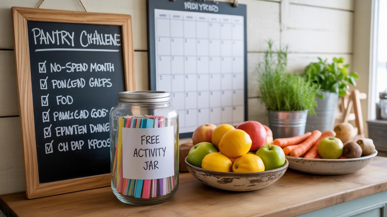 A kitchen counter with a chalkboard pantry challenge list, a jar labeled Free Activity Jar filled with papers, and bowls of fresh fruit and vegetables, with herb pots in the background.