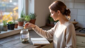 A woman sits at a kitchen counter, placing a coin into a glass jar labeled SAVINGS while reading a notebook. Sunlight streams through the window, and potted plants line the windowsill behind her.