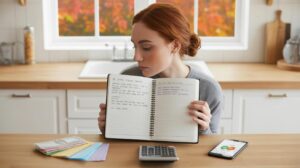 A woman sits at a kitchen table showing an open notebook with handwritten notes. In front of her are colored folders, a calculator, and a smartphone. Autumn leaves are visible through the window behind her.