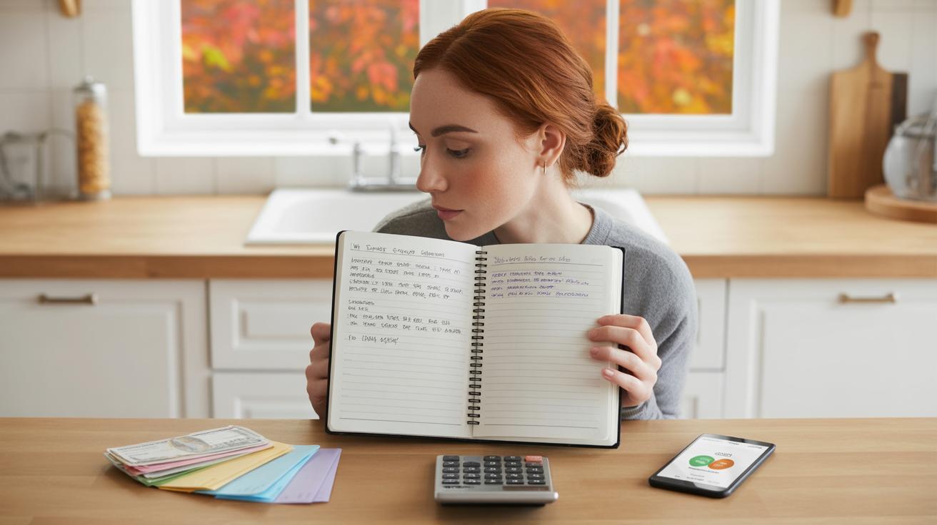 A woman sits at a kitchen table showing an open notebook with handwritten notes. In front of her are colored folders, a calculator, and a smartphone. Autumn leaves are visible through the window behind her.