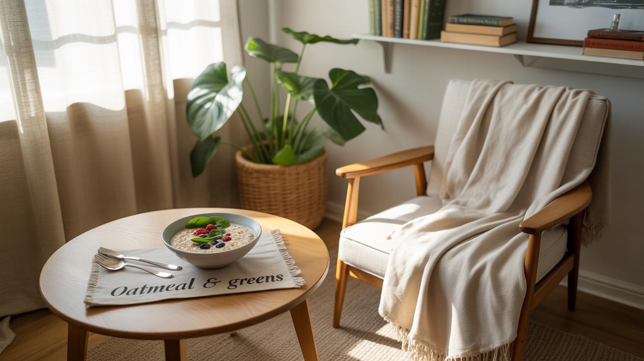 A cozy reading nook with a cushioned armchair draped in a beige blanket, a round wooden table holding a bowl of oatmeal topped with fruit, and a potted plant by sunlit curtains. A placemat reads Oatmeal & greens.
