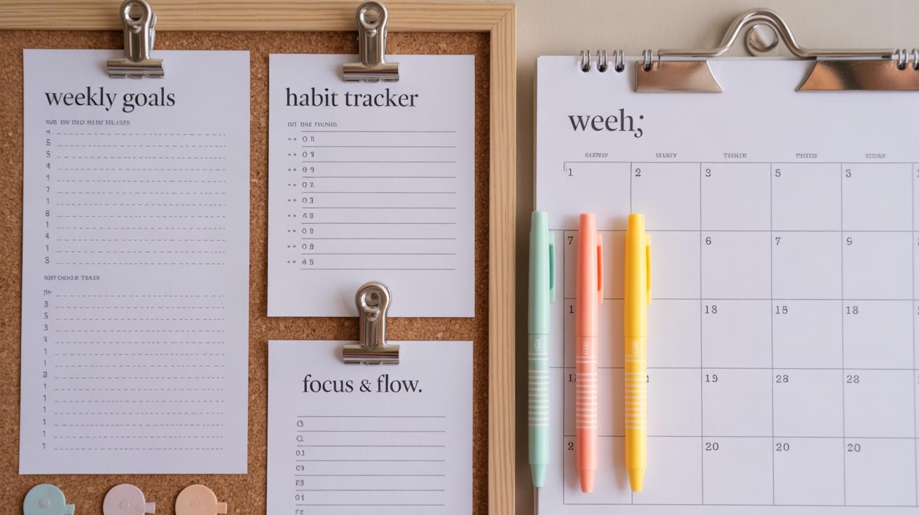 A corkboard with pinned sheets for weekly goals, a habit tracker, and focus notes sits beside a clipboard holding a blank weekly calendar. Three pastel pens (mint, yellow, peach) are clipped to the calendar.