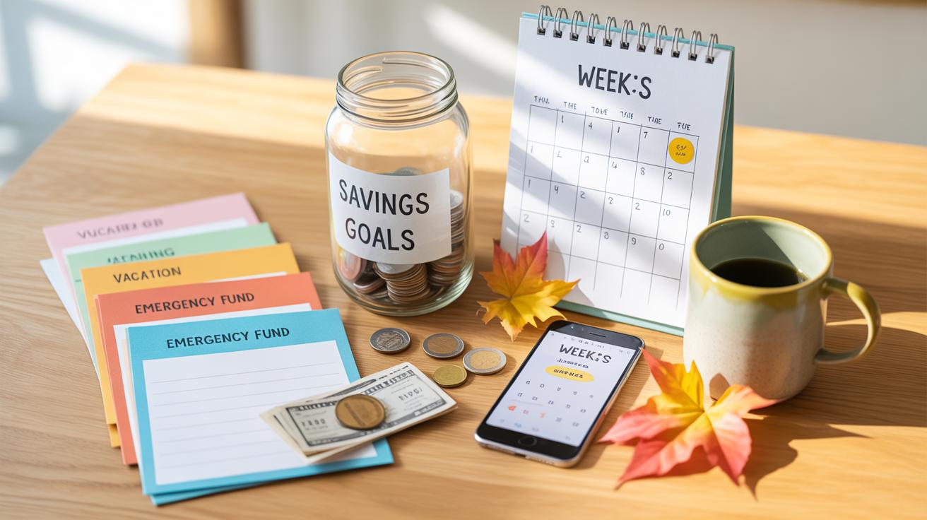 A table displays a jar labeled SAVINGS GOALS filled with coins, a calendar, a cup of coffee, fall leaves, cash, coins, a smartphone, and colorful labeled envelopes for budgeting and emergency funds.