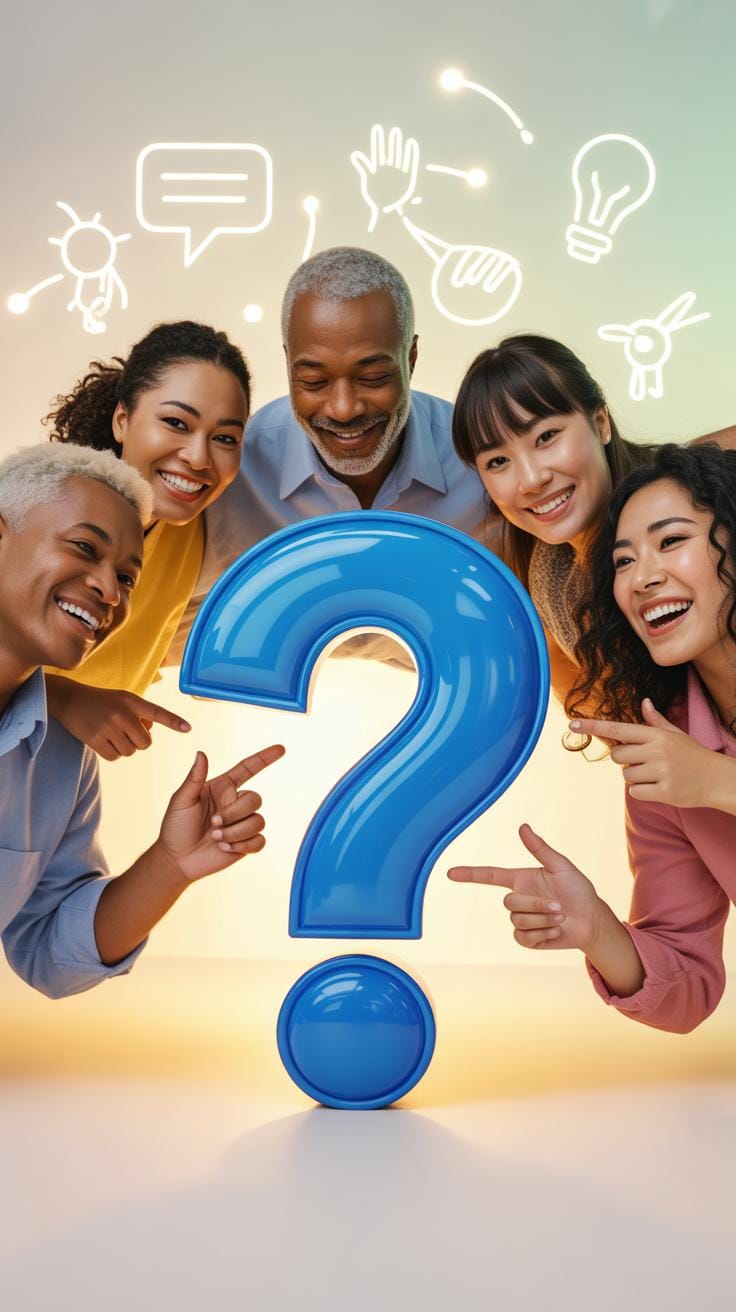 Five diverse adults, smiling and pointing at a large, glossy blue question mark centered in the foreground. Overhead, various white lightbulb and spee