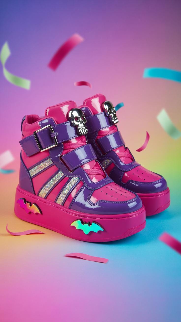 A pair of vibrant pink and purple high-top sneakers with skull accents and glowing bat details are set against a colorful, gradient background with fa