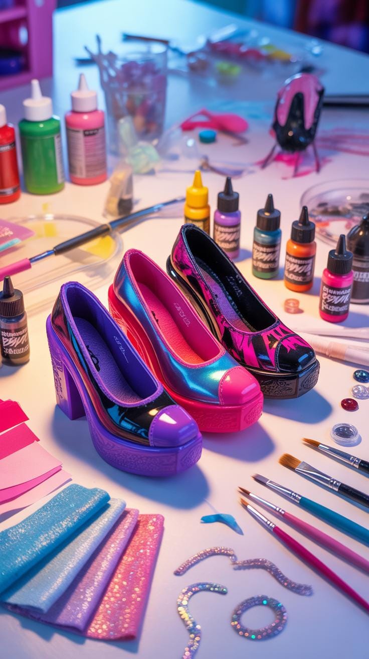 Three pairs of colorful doll shoes, along with paints, brushes, glitter, and other crafting supplies, are neatly arranged on a bright white table.