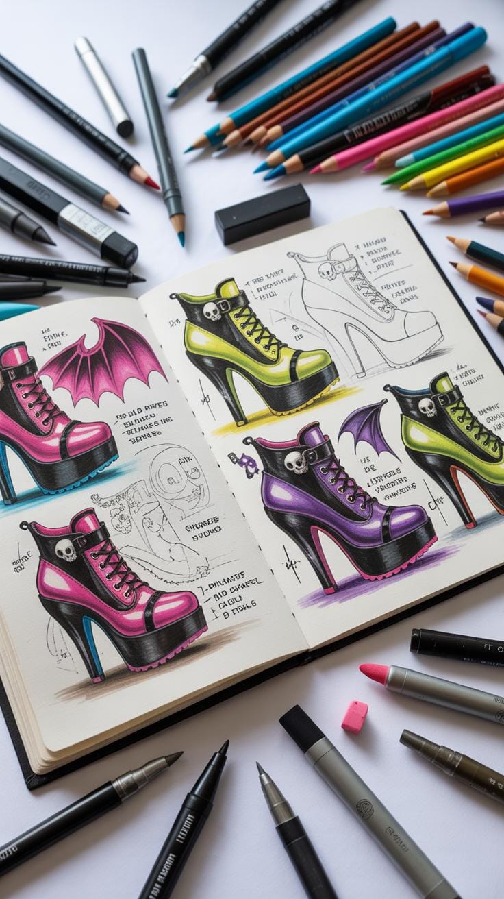 A flat lay shot shows a white surface covered with various art supplies surrounding an open sketchbook displaying detailed drawings of high-heeled sho