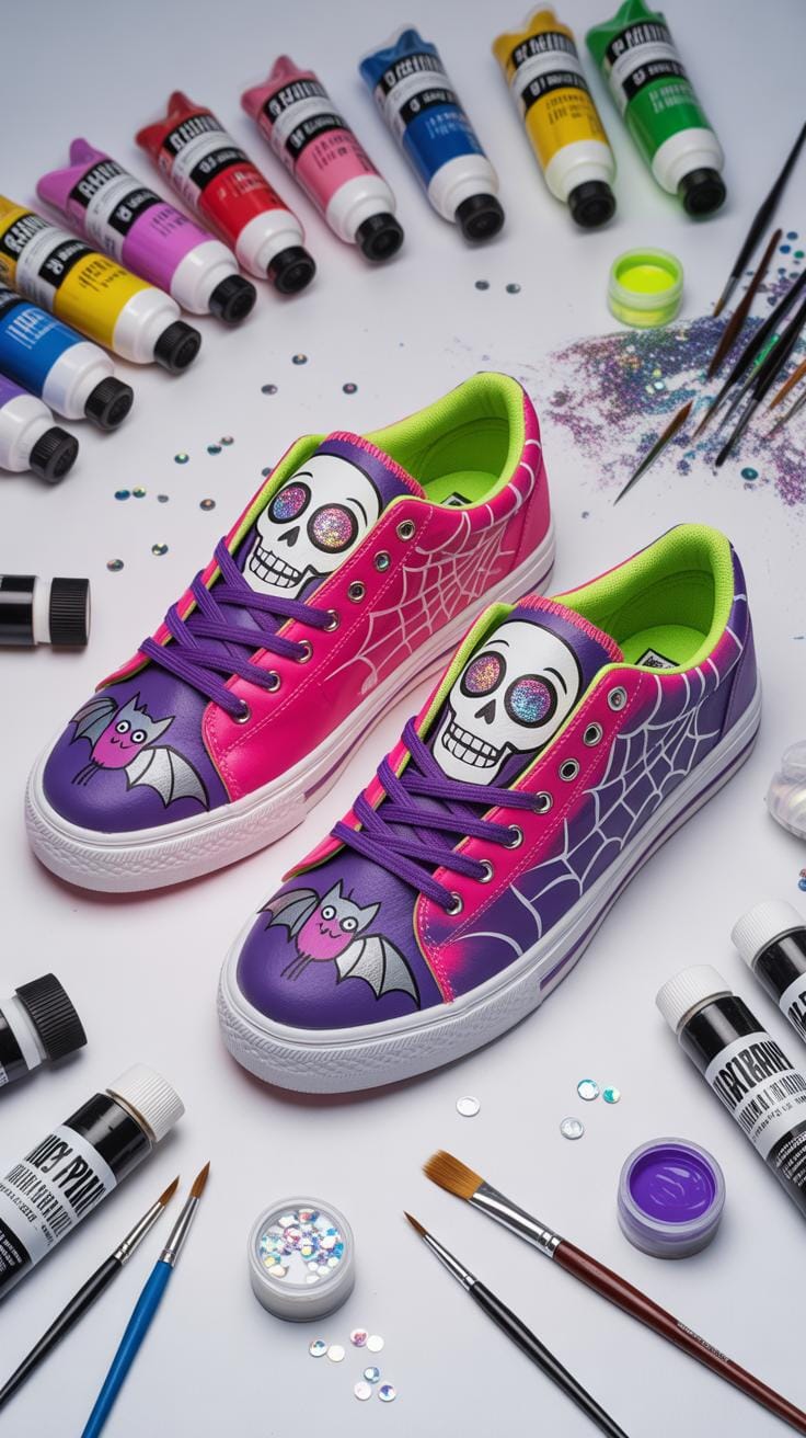 A pair of custom-painted canvas sneakers, one pink and one purple, featuring Day of the Dead skulls and spiderweb designs, surrounded by tubes of pain