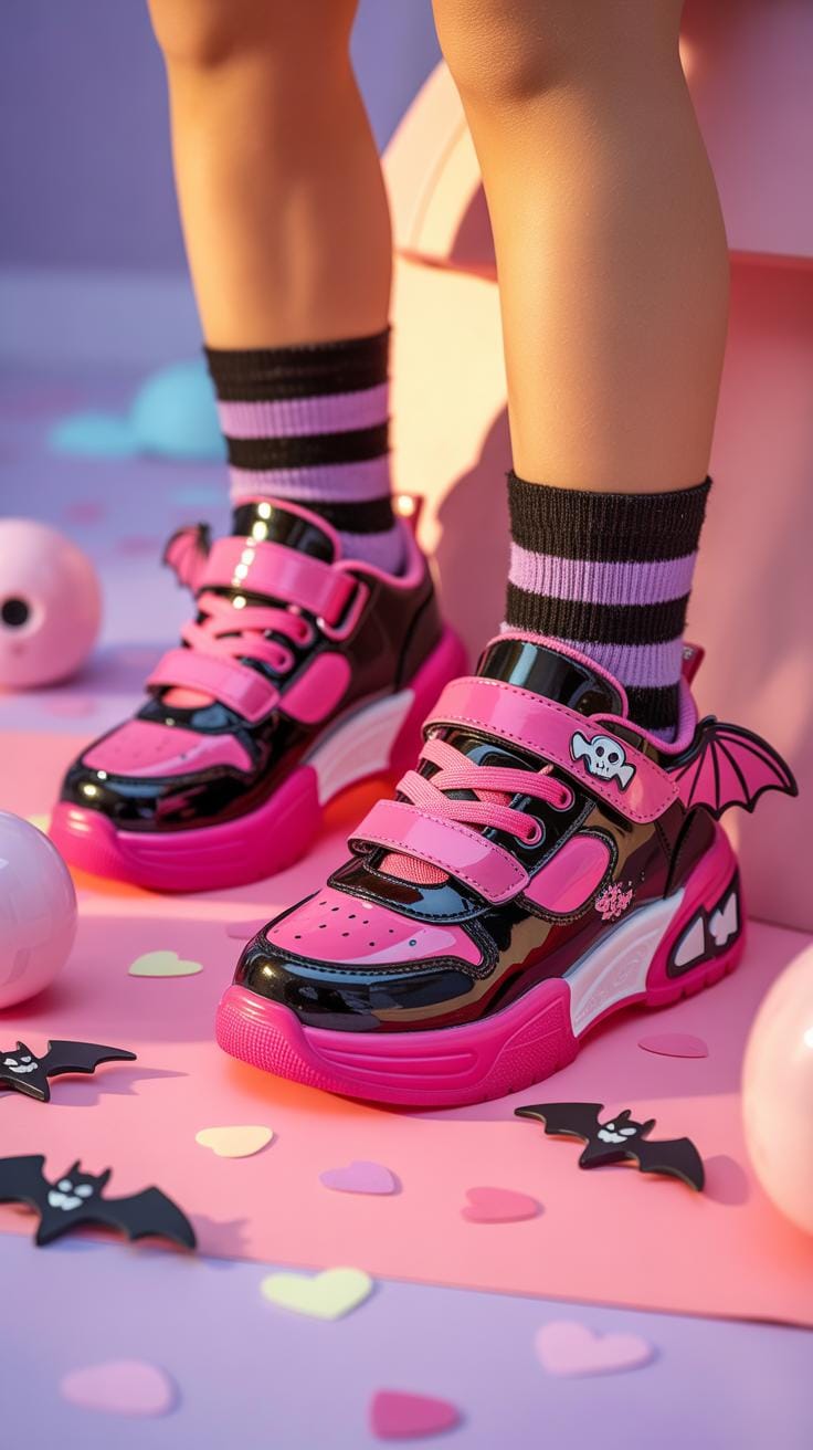 A close-up shot of a child's legs wearing black and pink sneakers with bat wings, black and pink striped socks, standing on a pink surface with heart