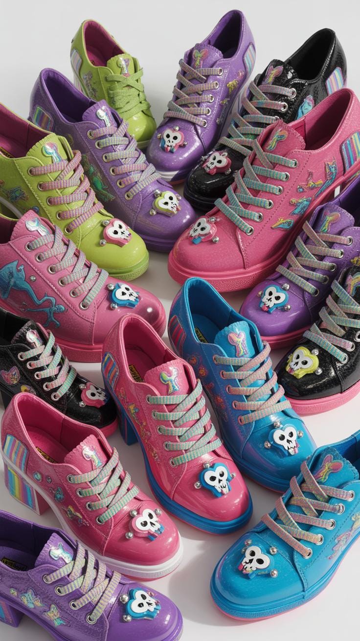 A vibrant assortment of children's novelty shoes, featuring various colors like pink, purple, green, and blue, some with skull and crossbones designs,