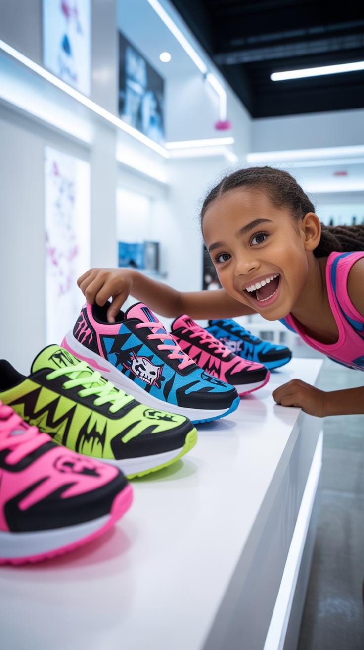 A smiling young Black girl with dark hair and a pink tank top reaches for a pair of colorful children's sneakers in a brightly lit retail store displa