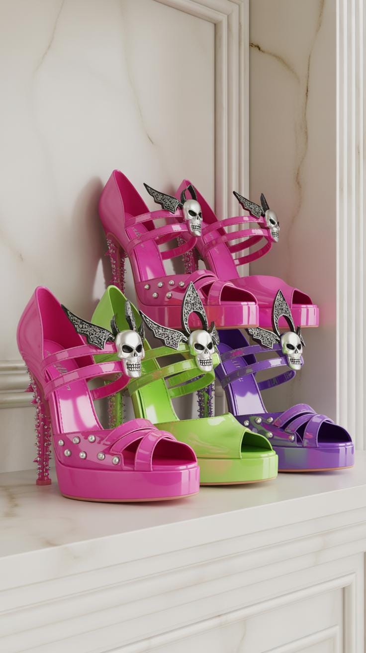 Four pairs of high-heeled platform sandals in bright pink, lime green, and purple are arranged on a white shelf against a light background with decora