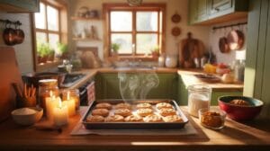 A warm and inviting kitchen scene features a baking sheet filled with freshly baked cookies, still steaming, placed on a wooden countertop. Two lit ca
