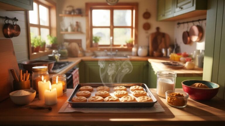 A warm and inviting kitchen scene features a baking sheet filled with freshly baked cookies, still steaming, placed on a wooden countertop. Two lit ca