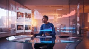 A man sits at a glass table in a modern office, interacting with multiple transparent, holographic data displays showing graphs, social media feeds, a