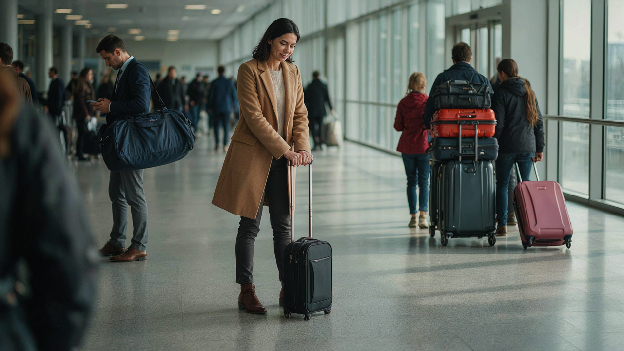 A woman confidently holds her small carry-on bag in a busy airport.