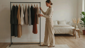 A woman considers her 10 piece capsule wardrobe in a bright, modern room.