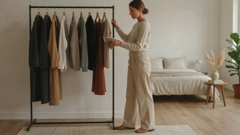 A woman considers her 10 piece capsule wardrobe in a bright, modern room.