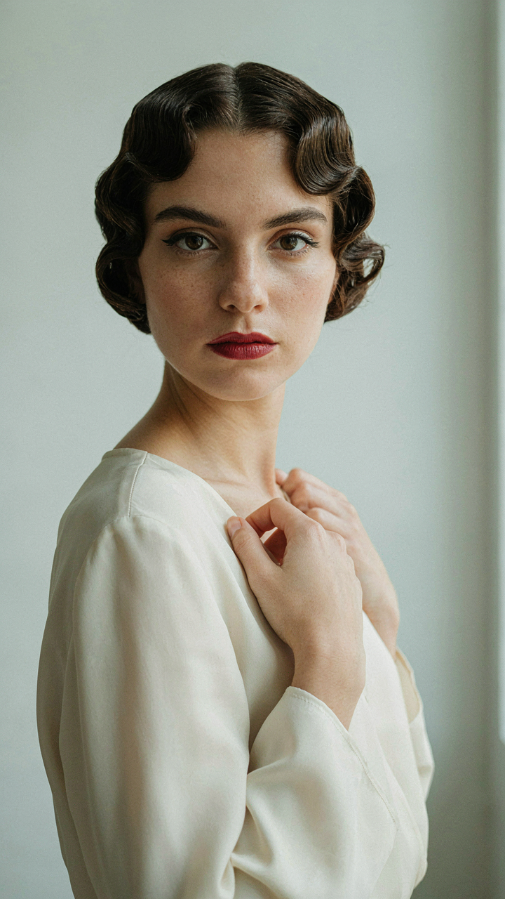 A woman with sculpted finger waves, kohl-lined eyes, and dark red lipstick.