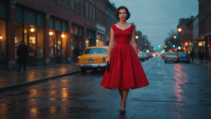 Woman in a vibrant red 1950s style cocktail dress walks confidently at dusk.
