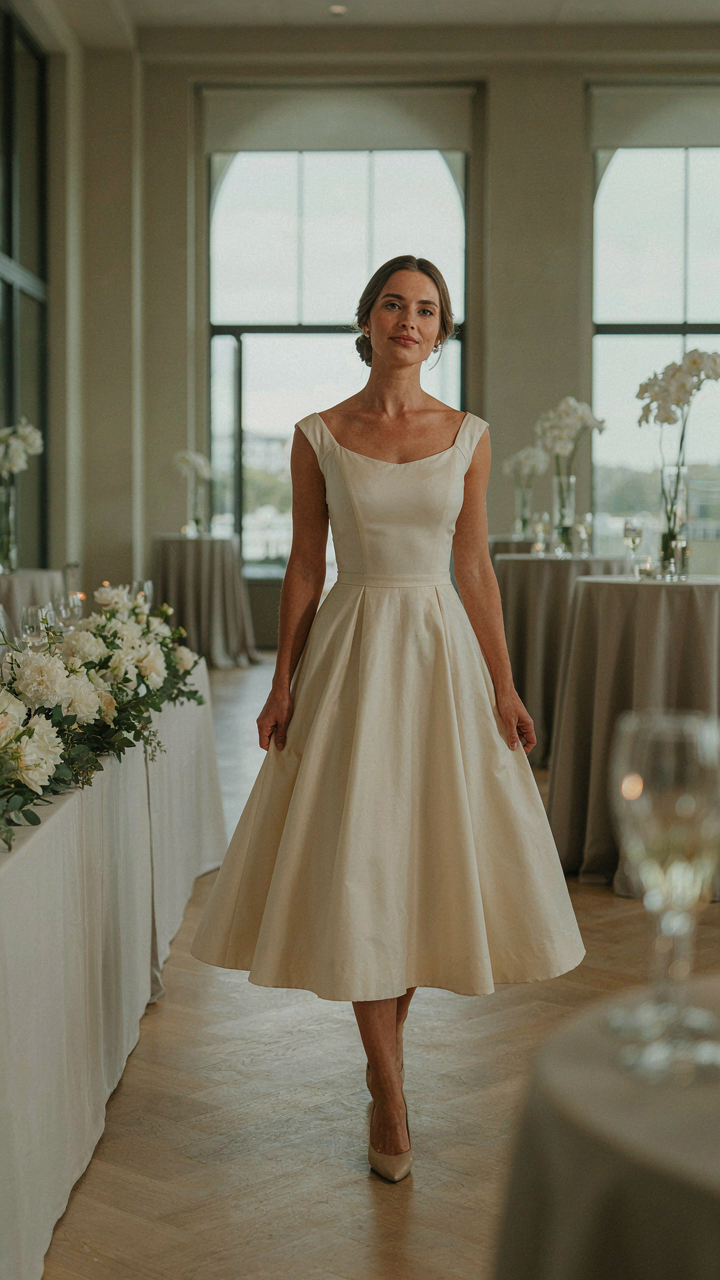 A woman in a 1950s style wedding guest dress walking into an event.