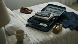An open black carry-on suitcase shows a neatly packed 2 week europe capsule wardrobe.