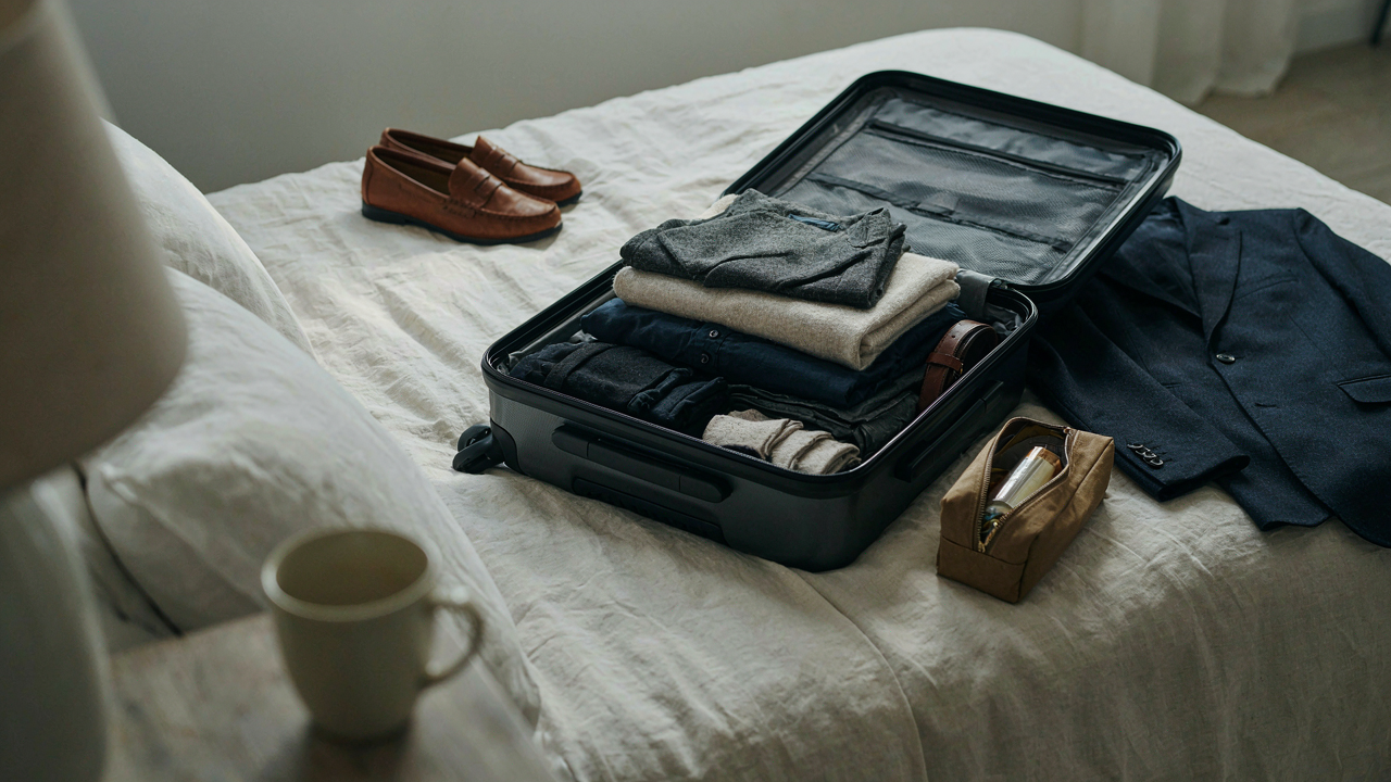 An open black carry-on suitcase shows a neatly packed 2 week europe capsule wardrobe.