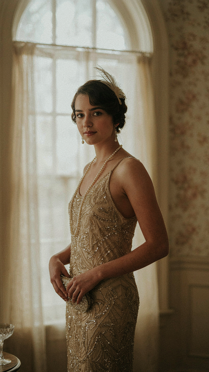 A woman in a beaded Gatsby party outfit with a subtly askew strap.