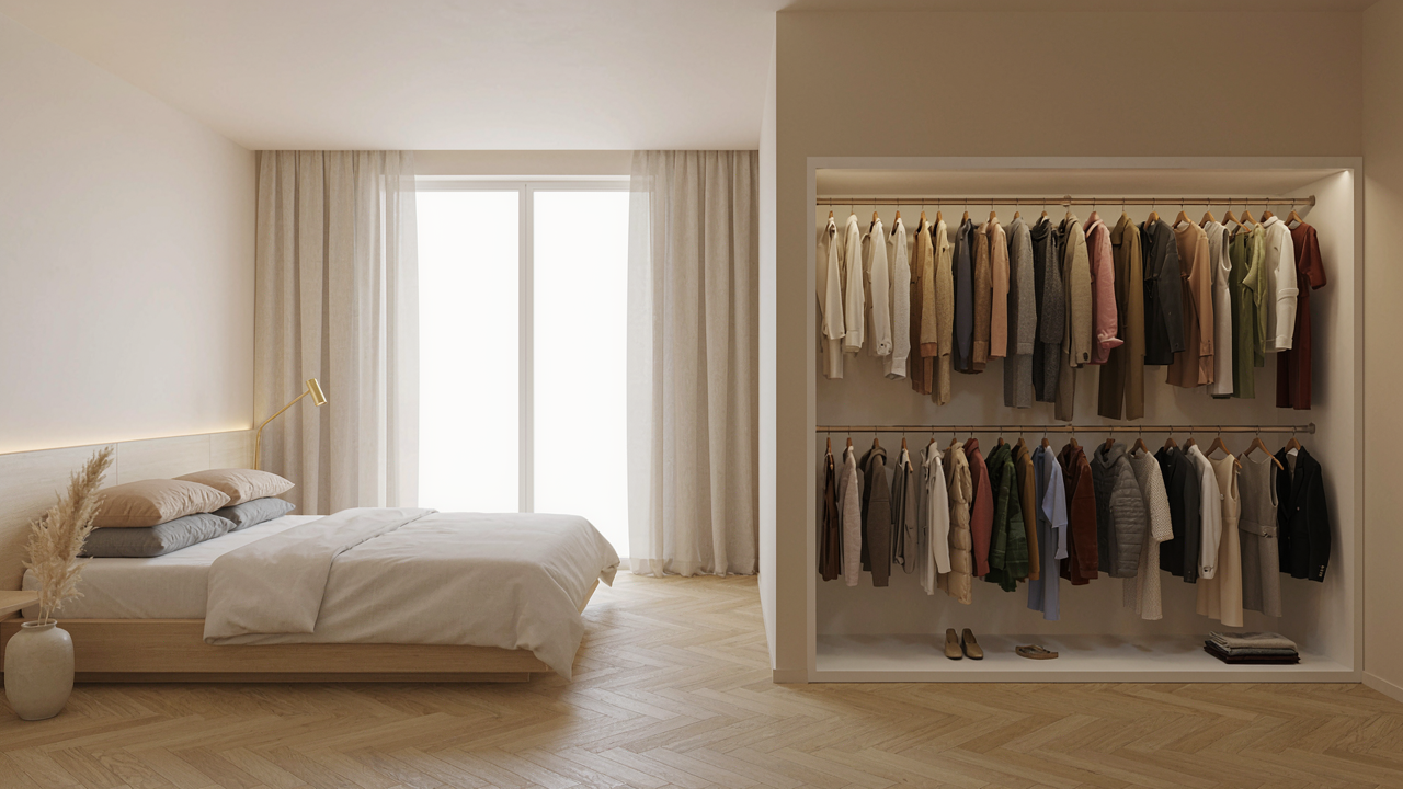 A carefully organized modern closet showcases a compact 30 piece capsule wardrobe.