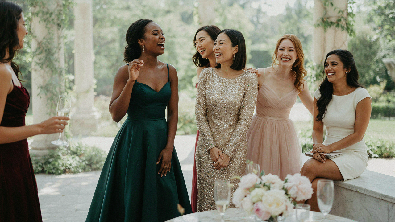 Women in diverse a line cocktail dresses enjoying an elegant evening event.