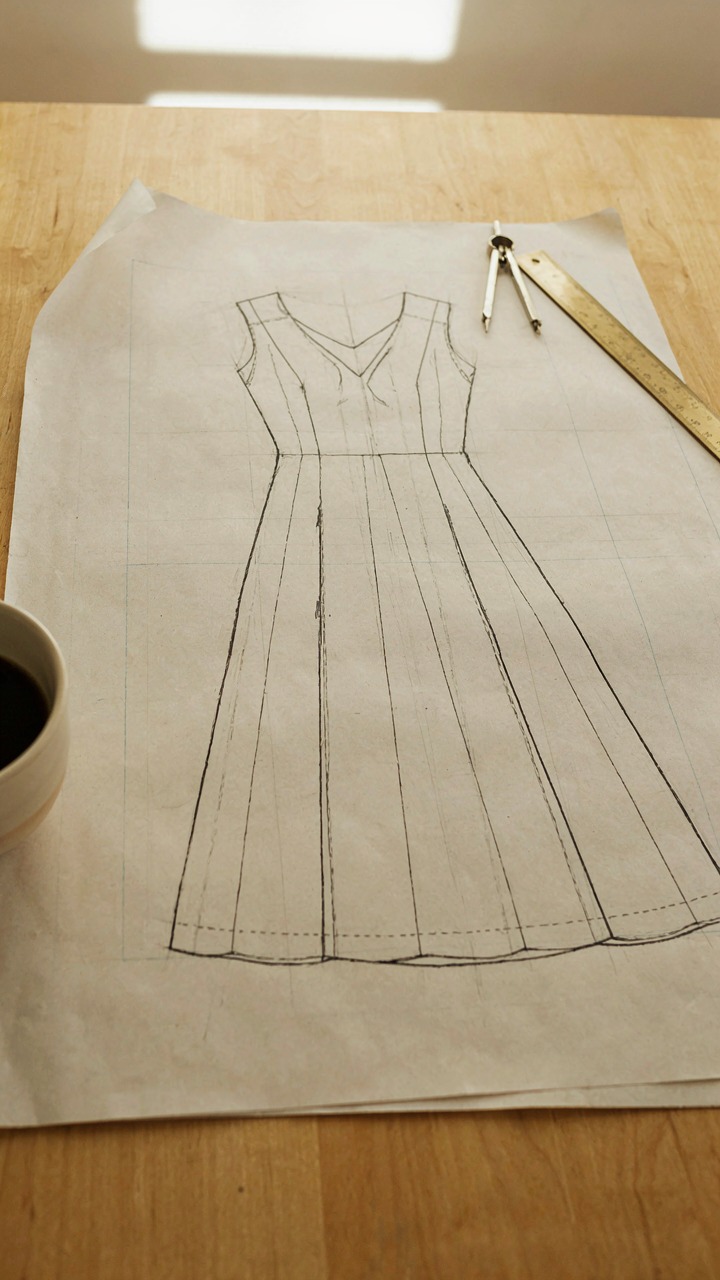 An architectural blueprint sketch of an A-line shape with vertical seams.