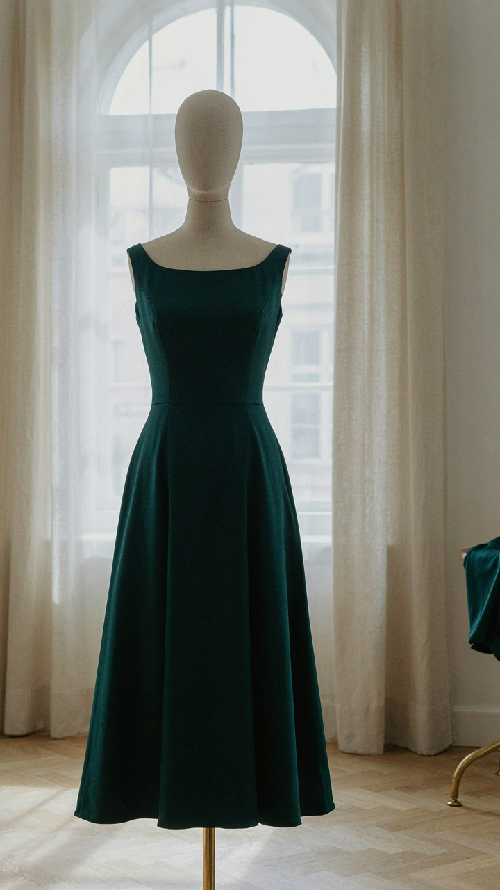 Tailored A-line boat neck cocktail dress on a mannequin, showing waist definition.