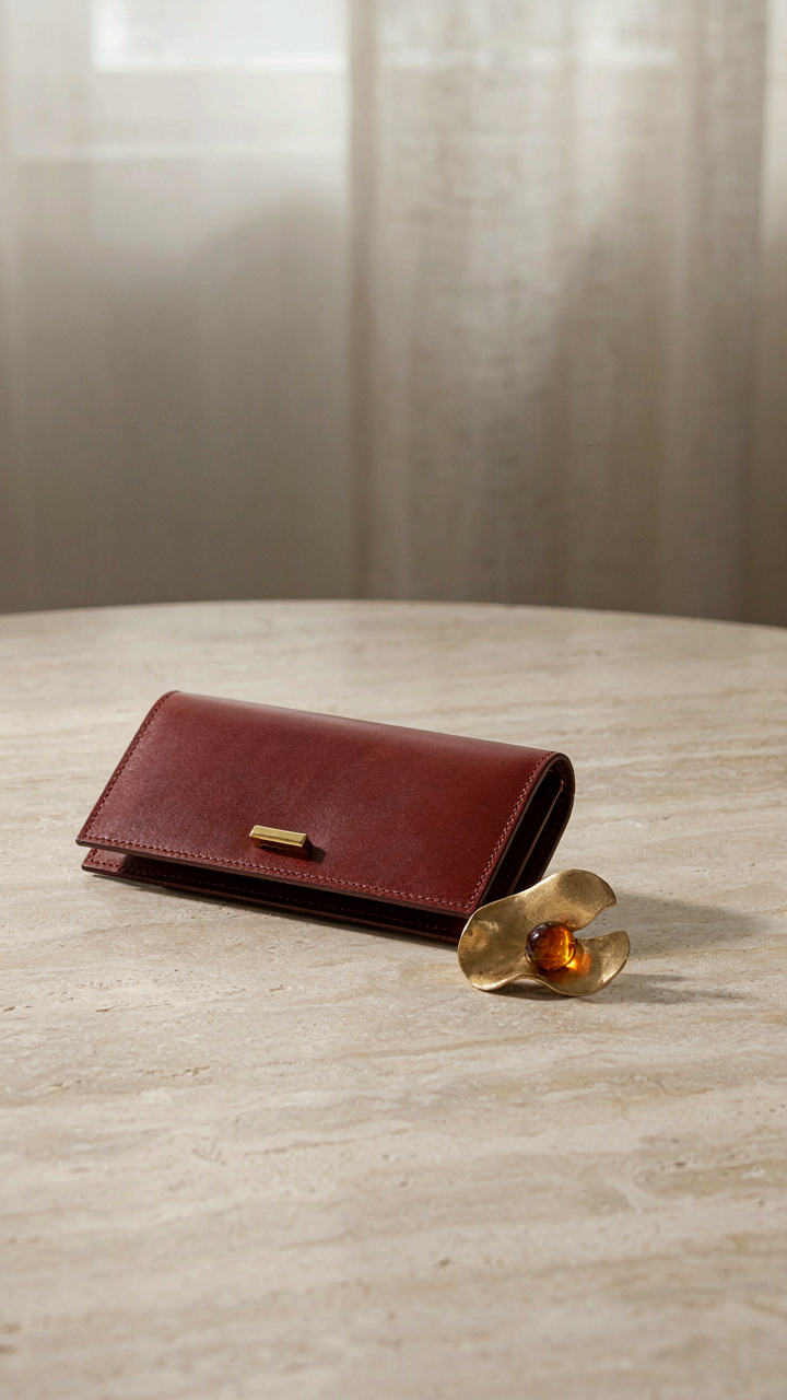 A structured leather clutch and a bold brooch on a minimalist table.