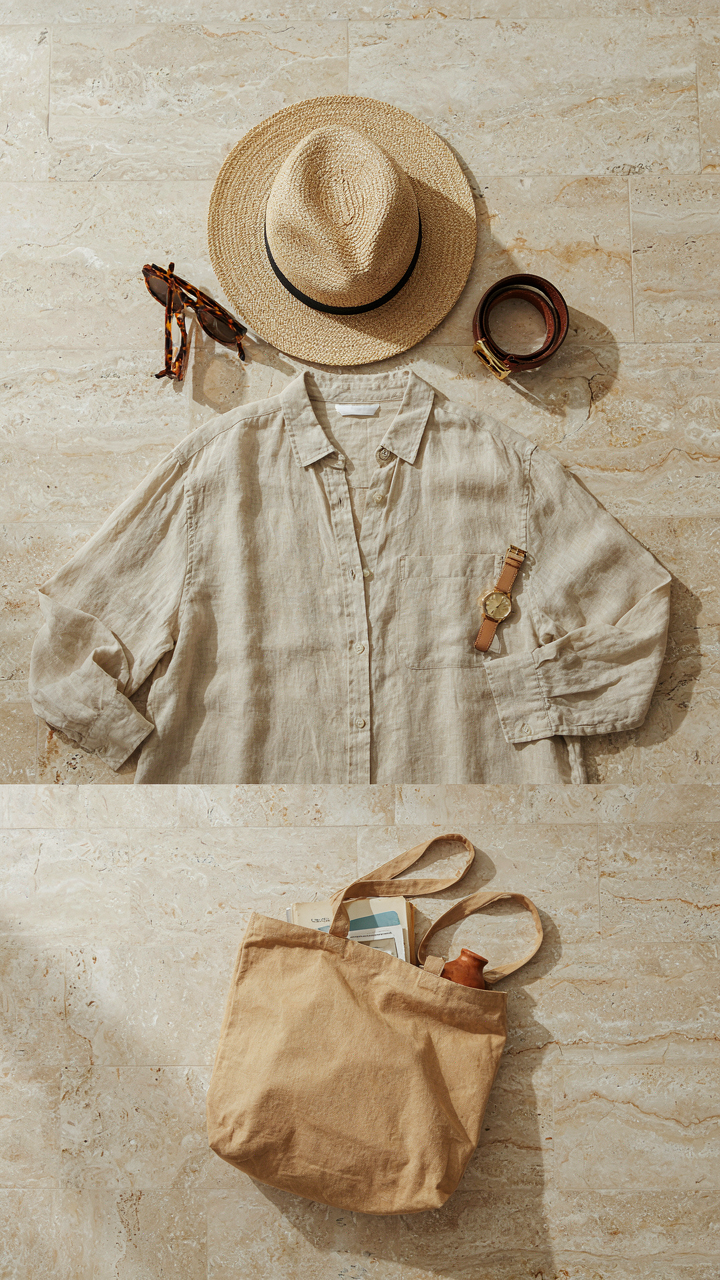 A linen shirt is shown with three different sets of accessories.