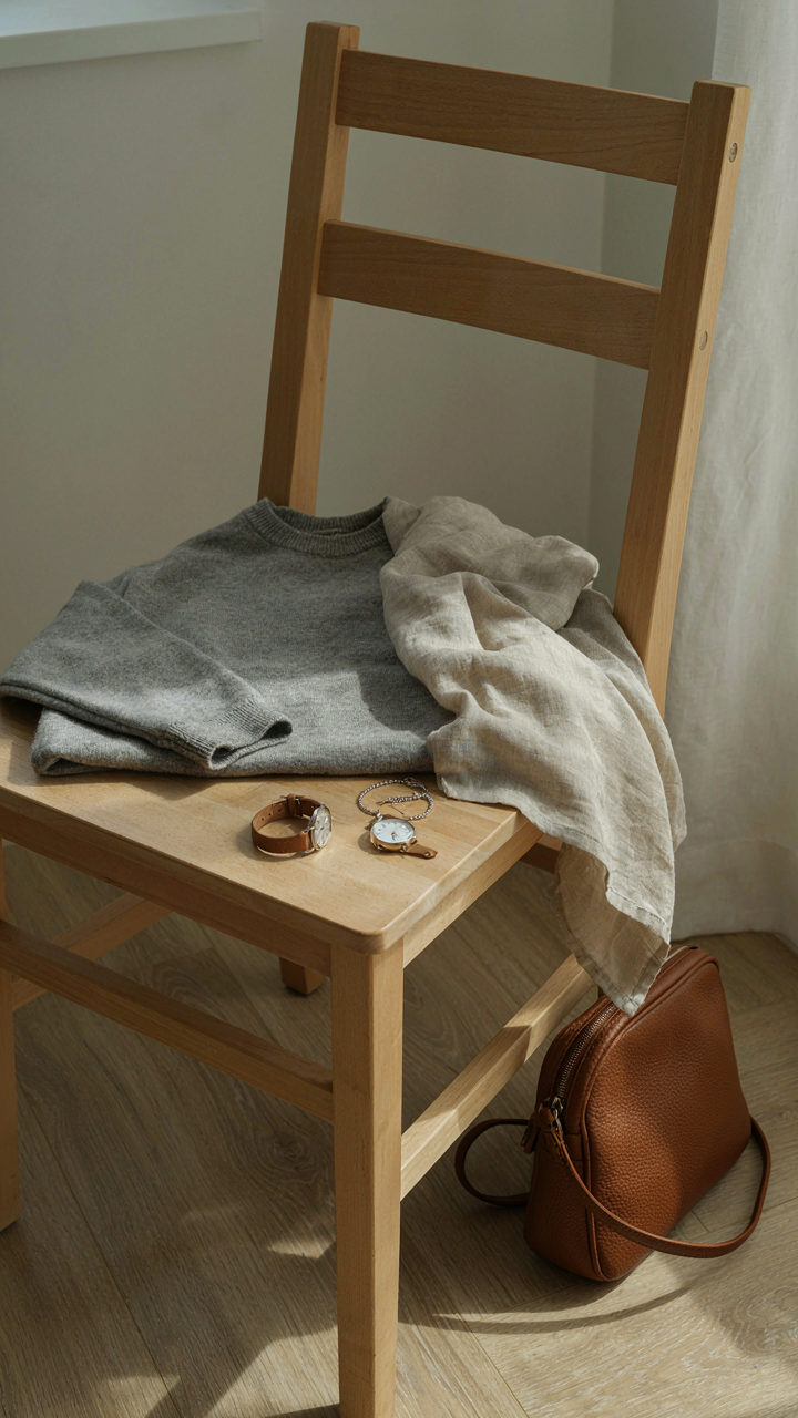 A linen scarf and silver bracelet accessorize a grey sweater on a chair.