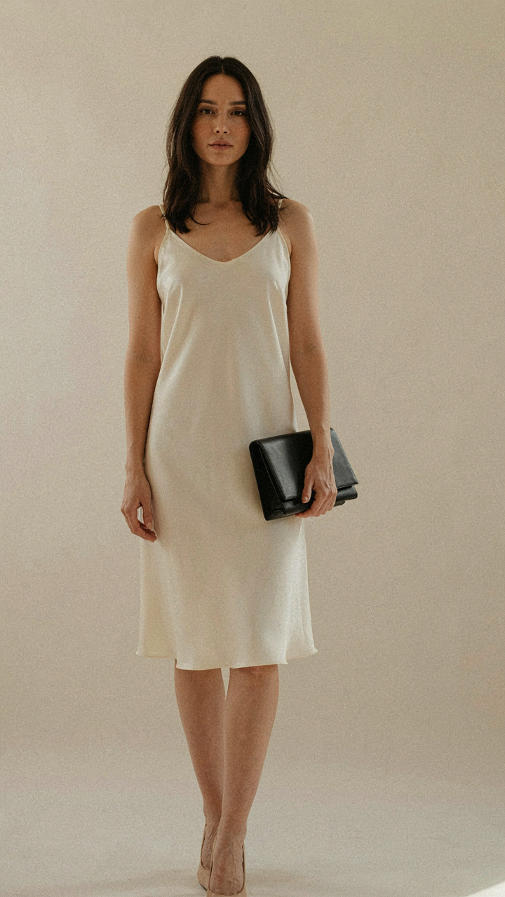 A hand holding a sleek black structured clutch bag.