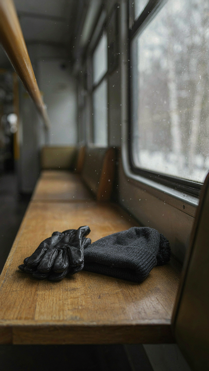 Black leather gloves and a merino wool beanie on a wooden bench in a train.