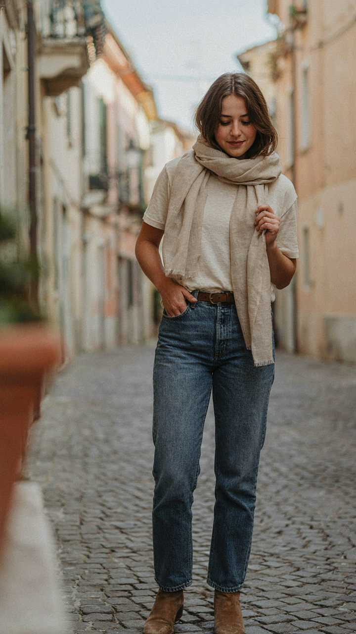 A neutral merino wool scarf draped over a simple t-shirt and jeans.