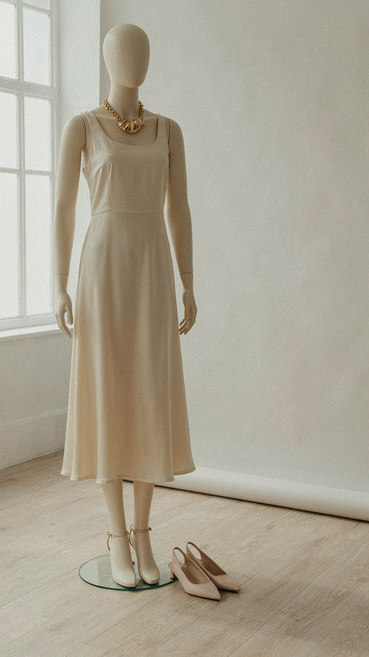 A midi dress with a statement necklace and pointed-toe flats.