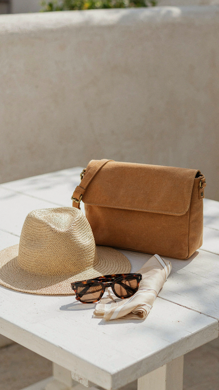 Straw hat, polarized sunglasses, silk scarf, and canvas crossbody bag on a table.
